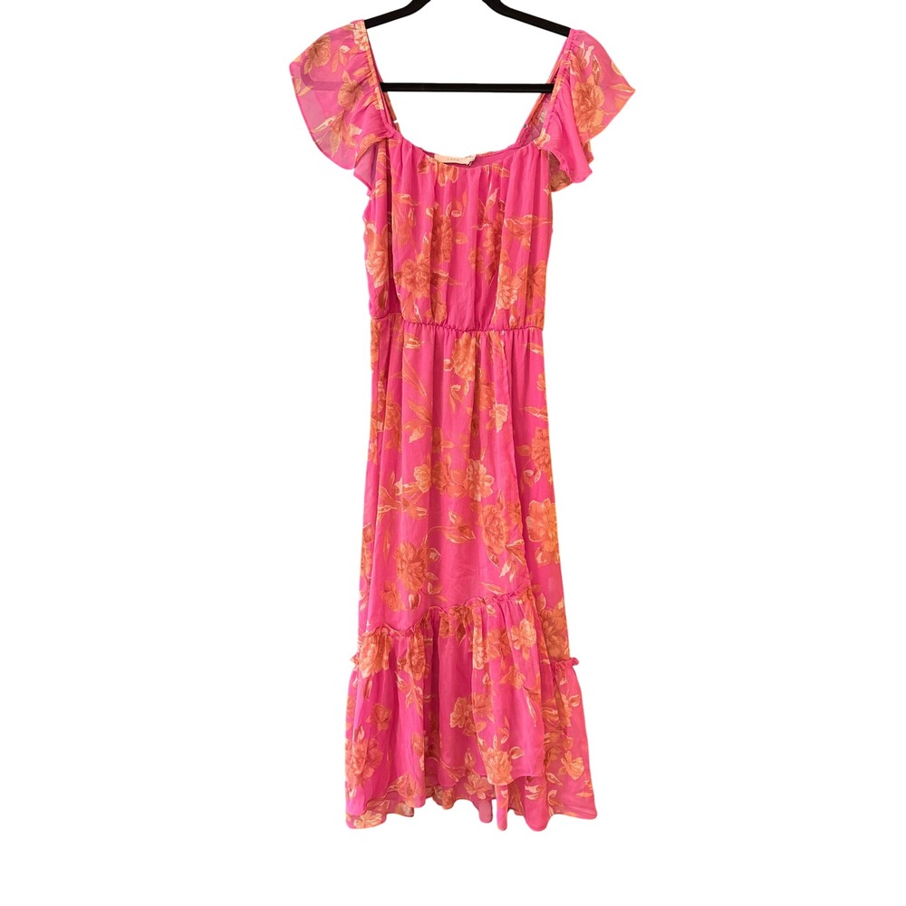 Lush Pink Floral Flutter Sleeve Tiered Ruffle Midi Dress Womens Small